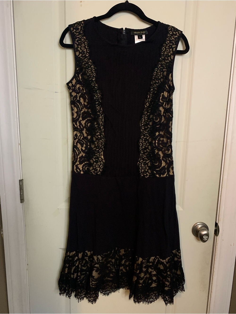 Tadashi Shoji Pintuck Jersey Lace Panel Dress Black with Nude Lace Insets
